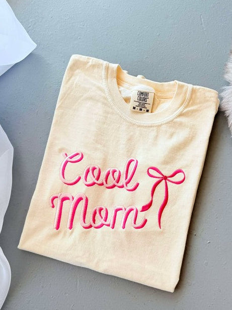 Cool Mom Pink Bow Embroidered Graphic Tee Shirt