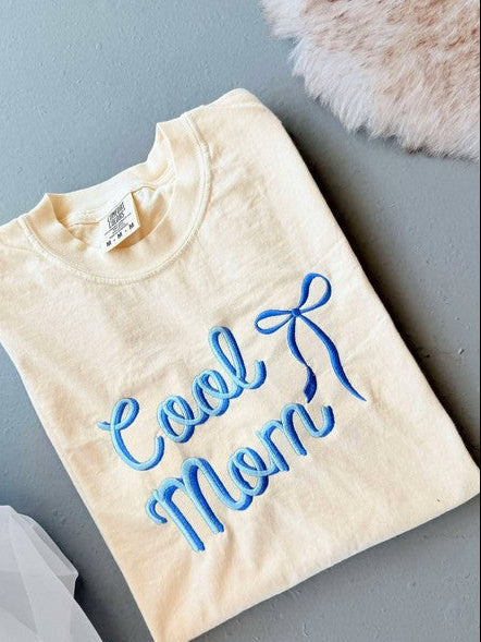 Cool Mom Blue Bow Embroidered Graphic Tee Shirt