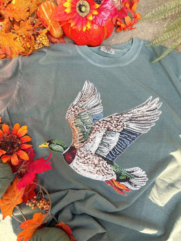 Teal sweatshirt with a colorful duck design surrounded by autumn-themed decorations.