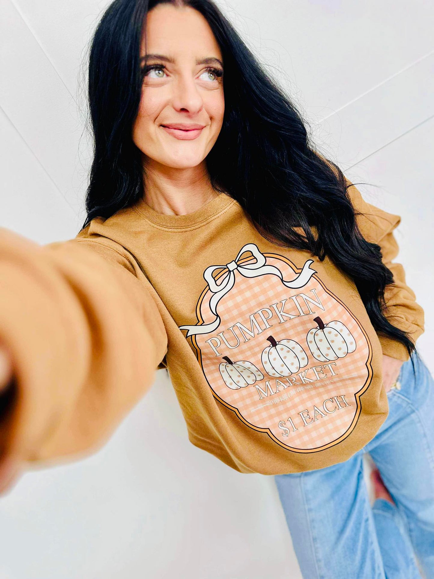 Gingham Bow Pumpkin Market Frame Graphic Sweatshirt