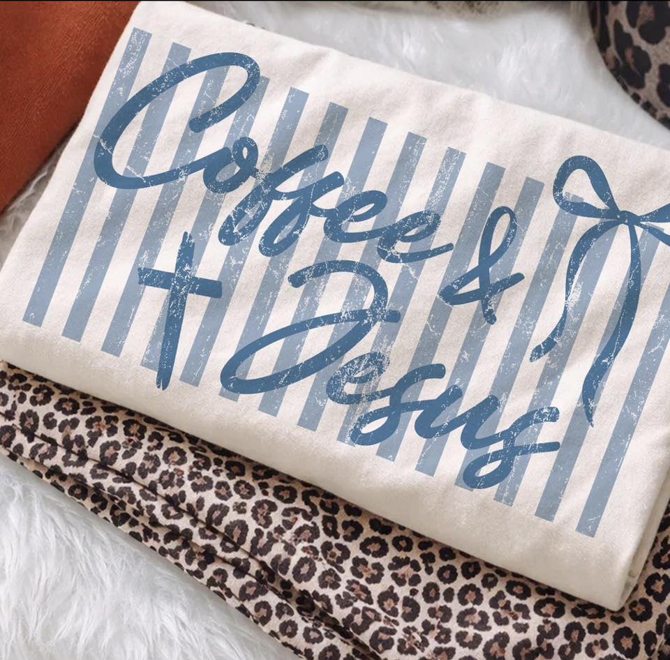 Coffee And Jesus Blue Striped Background DTF Apparel