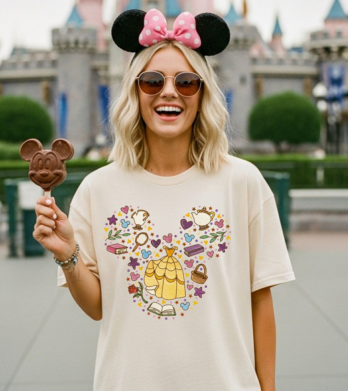Person wearing a Disney-themed t-shirt, sunglasses, and Mickey Mouse ears with a castle in the background.