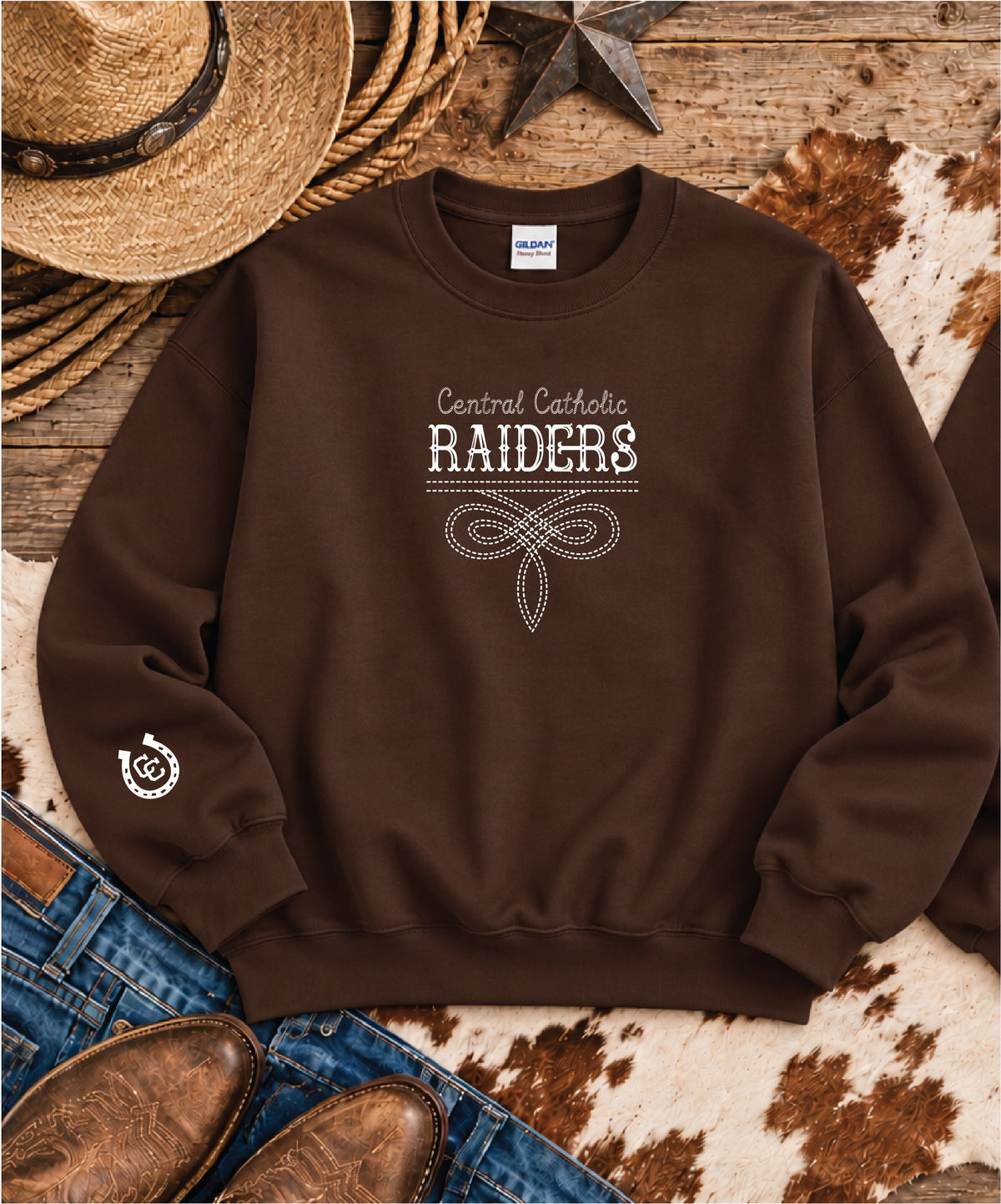 Central Catholic Raiders western crewneck sweatshirt in Dark Chocolate