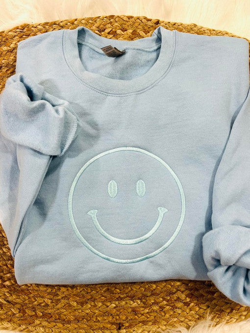Happy Face Blue Embroidered Sweatshirt