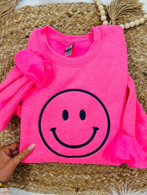 Happy Face Neon Pink Embroidered Sweatshirt