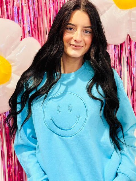 Happy Face Aqua Embroidered Sweatshirt