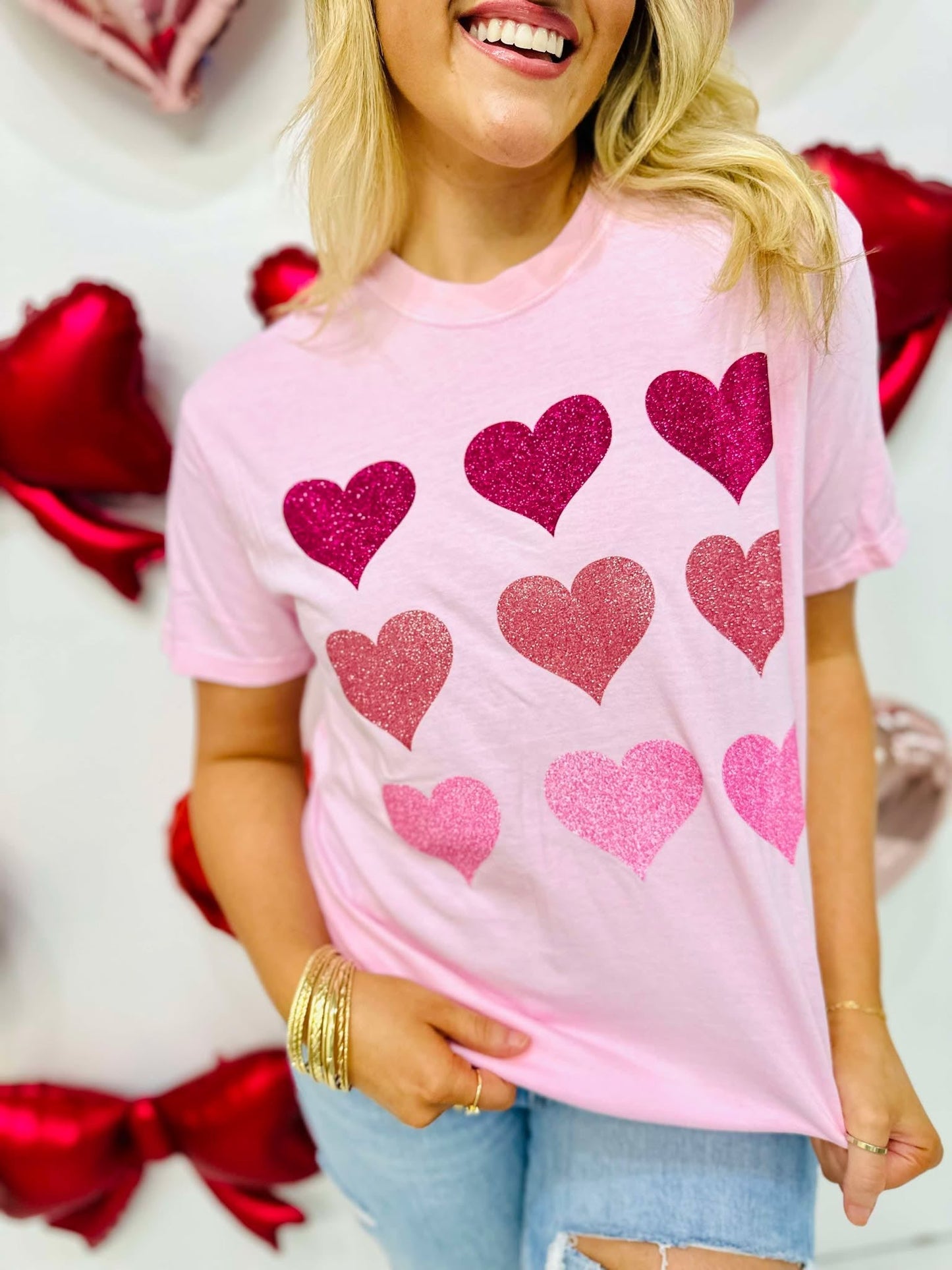 9 Multi Colored Glitter Hearts Tee