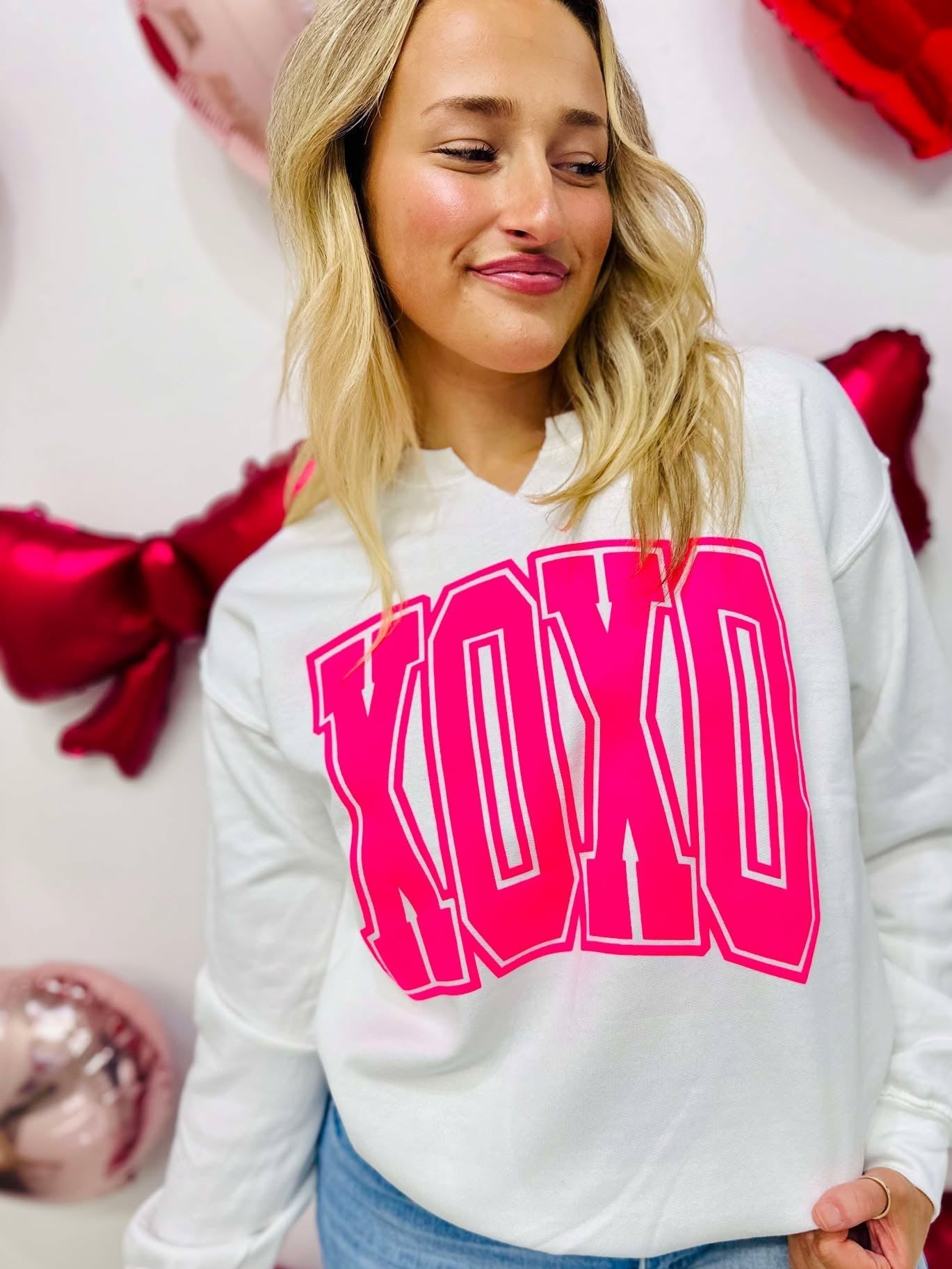 XOXO Varsity 25 V-Neck Valentine's Puff Sweatshirt
