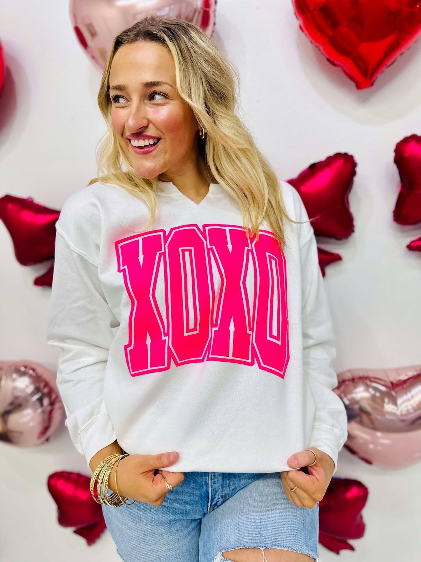 XOXO Varsity 25 V-Neck Valentine's Puff Sweatshirt