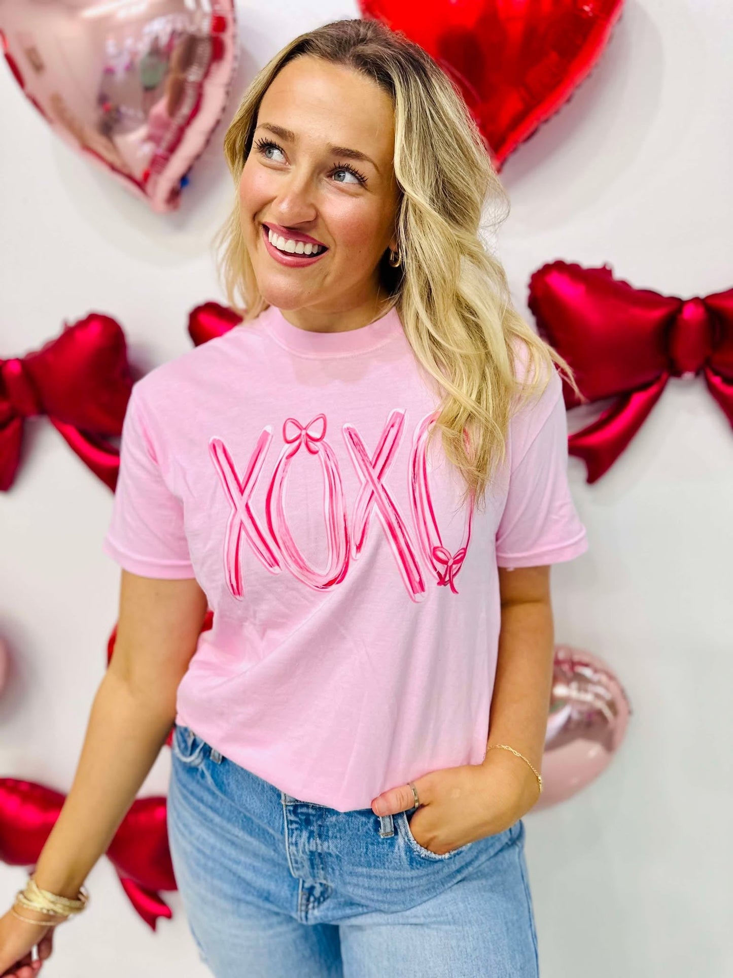 XOXO Brush Drawn Cutie Pink Bow DTF Tee