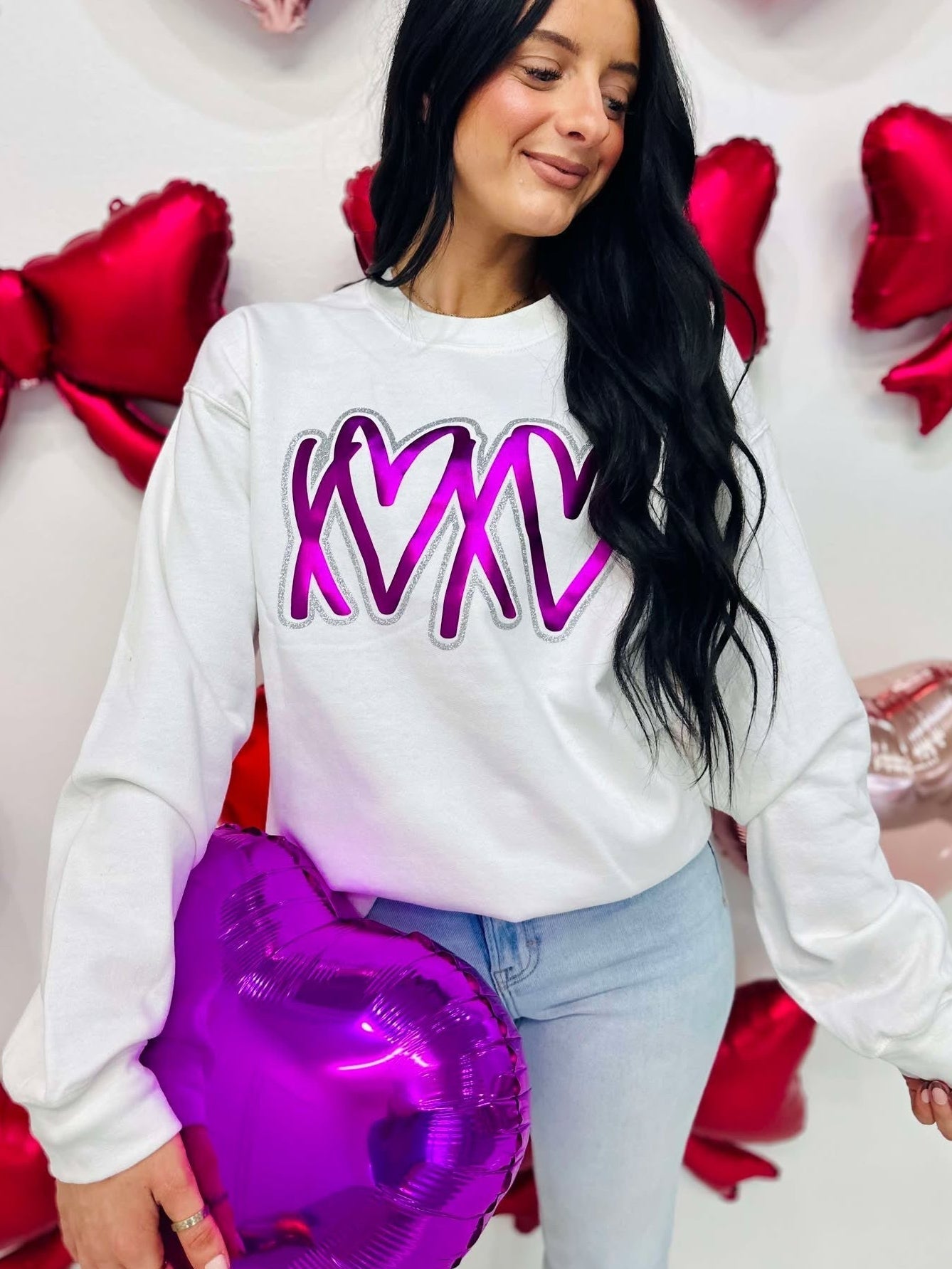 XOXO Heart Metallic Puff Glitter Sweatshirt