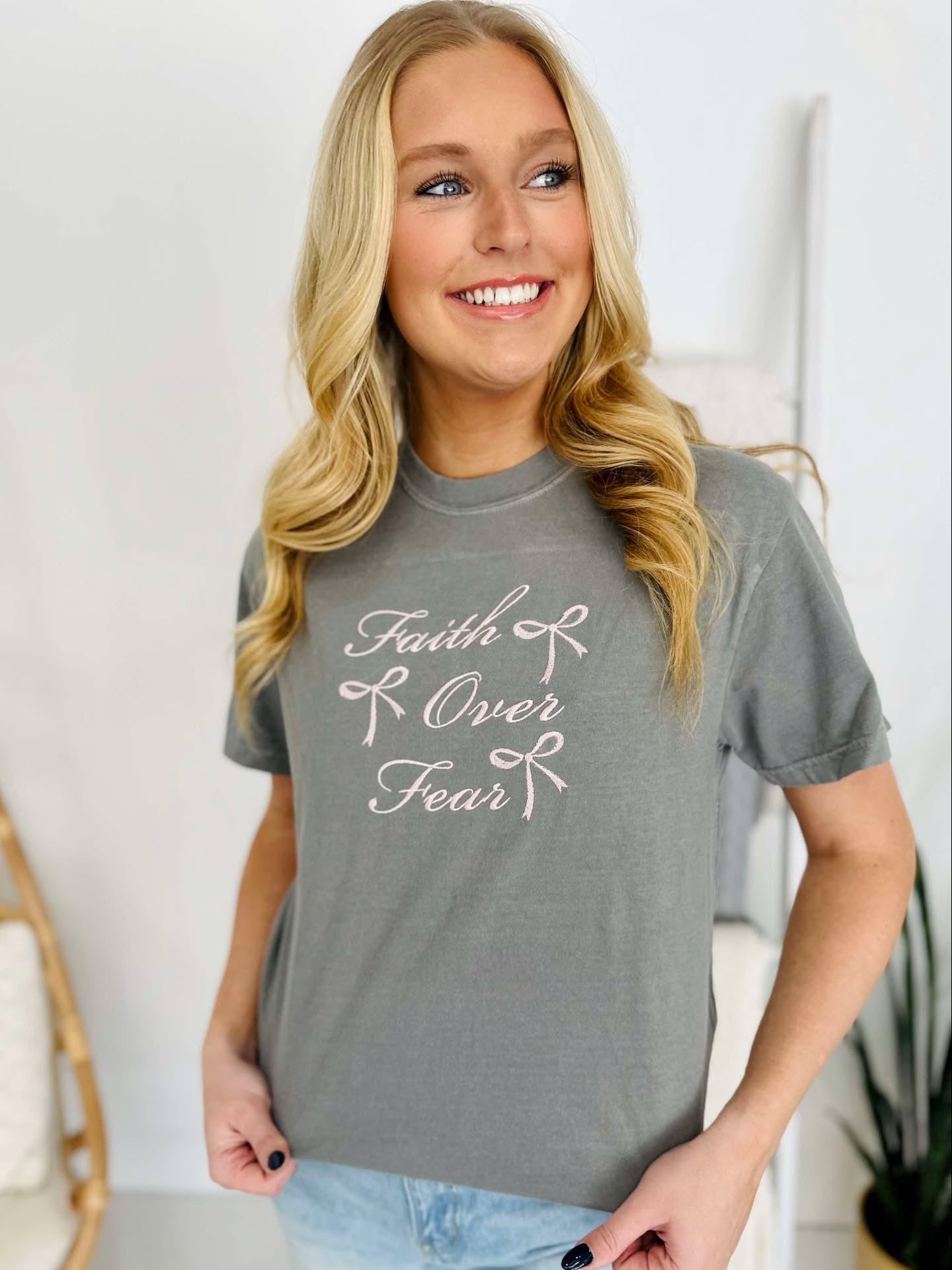 Faith Over Fear Coquette Bow Embroidered Tee