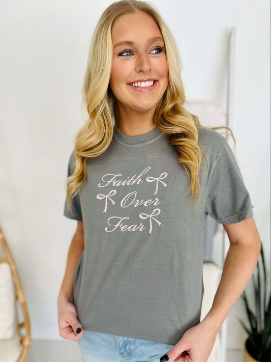 Faith Over Fear Coquette Bow Embroidered Tee