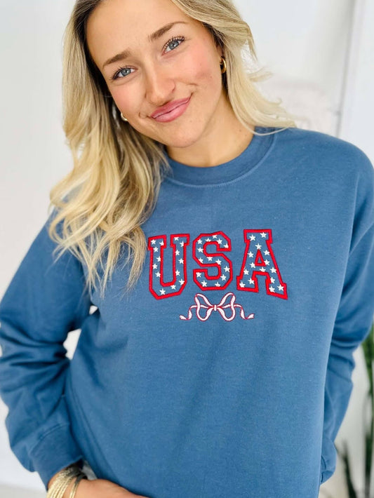 USA Varsity Star Bow Embroidered Sweatshirt