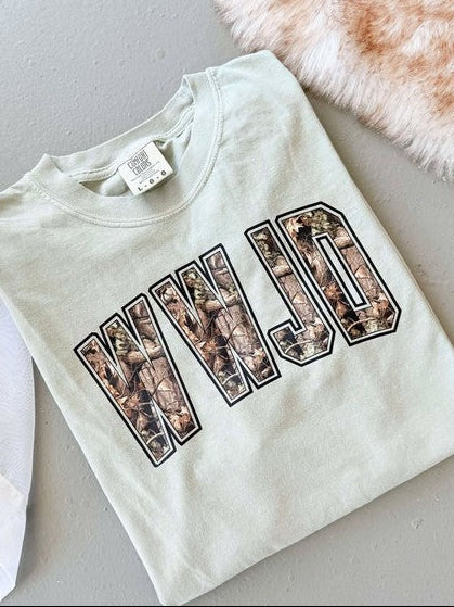 WWJD Varsity Camouflage DTF Graphic Tee Shirt