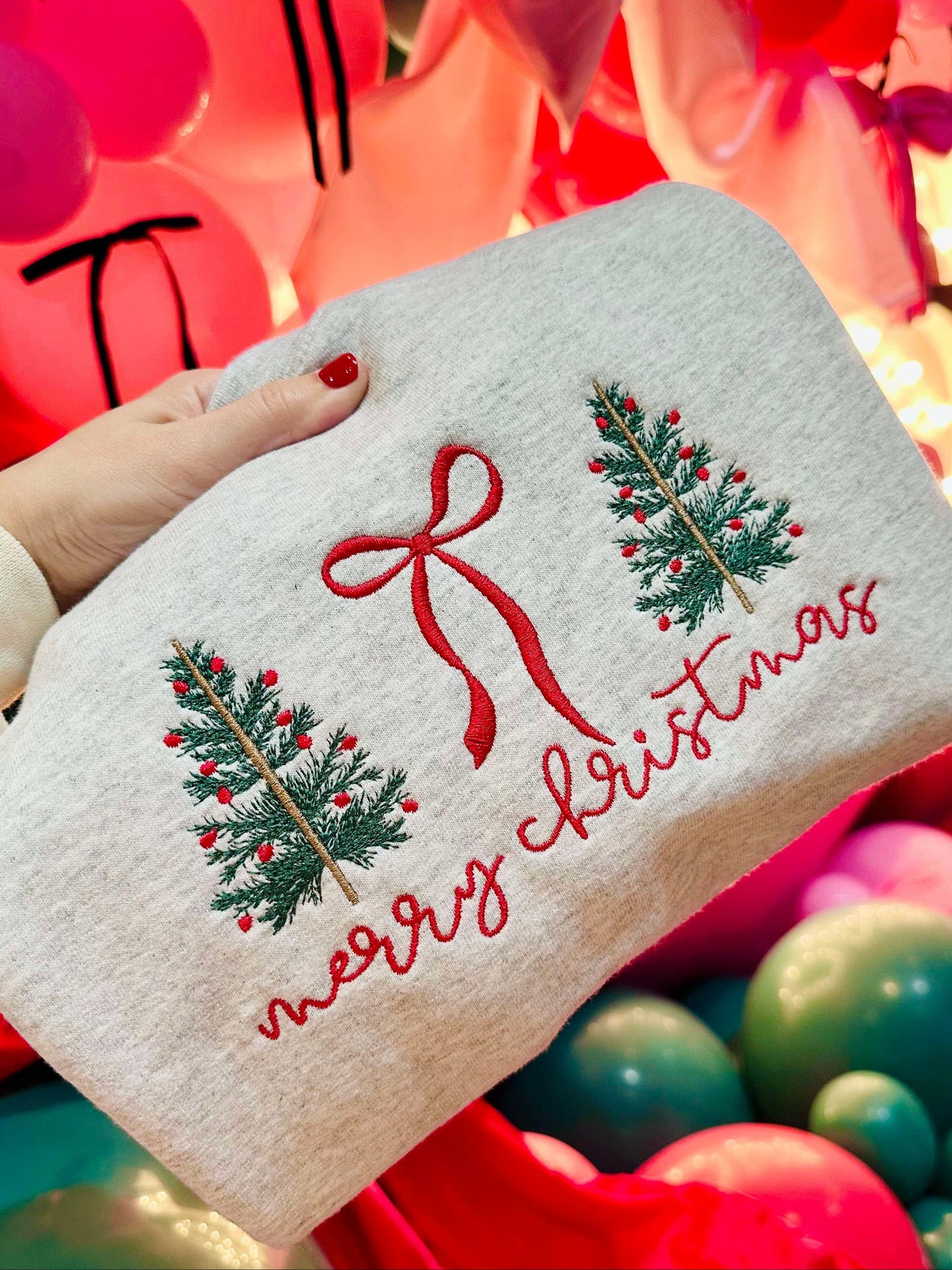 Merry Christmas Bow Trees Embroidery Sweatshirt