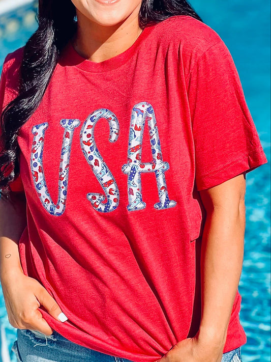 USA Patriotic Western Fabric Applique Tee