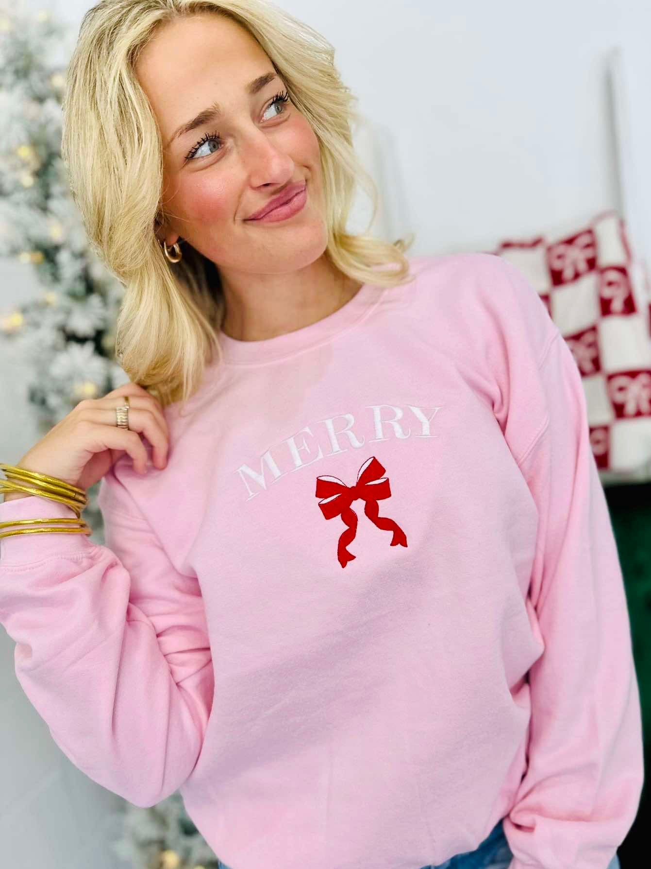 Curved Merry Coquette Bow Embroidered Sweatshirt