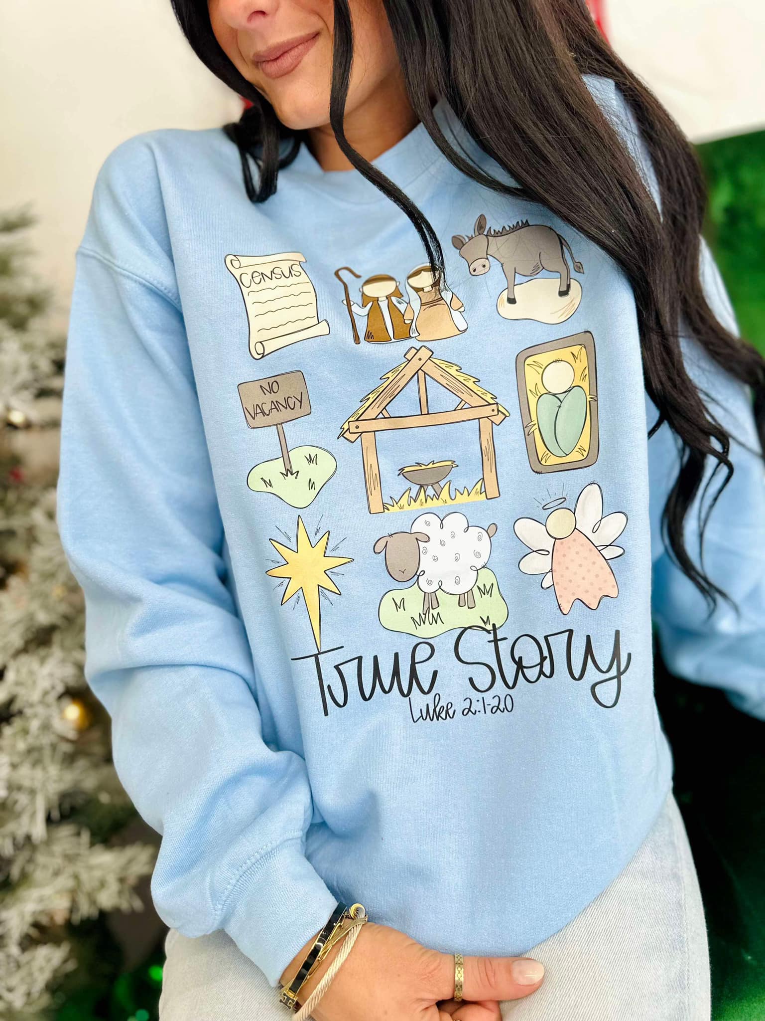 A light blue sweatshirt with a graphic design featuring a manger, sheep, and a person wearing a hat labeled 'True Story'.