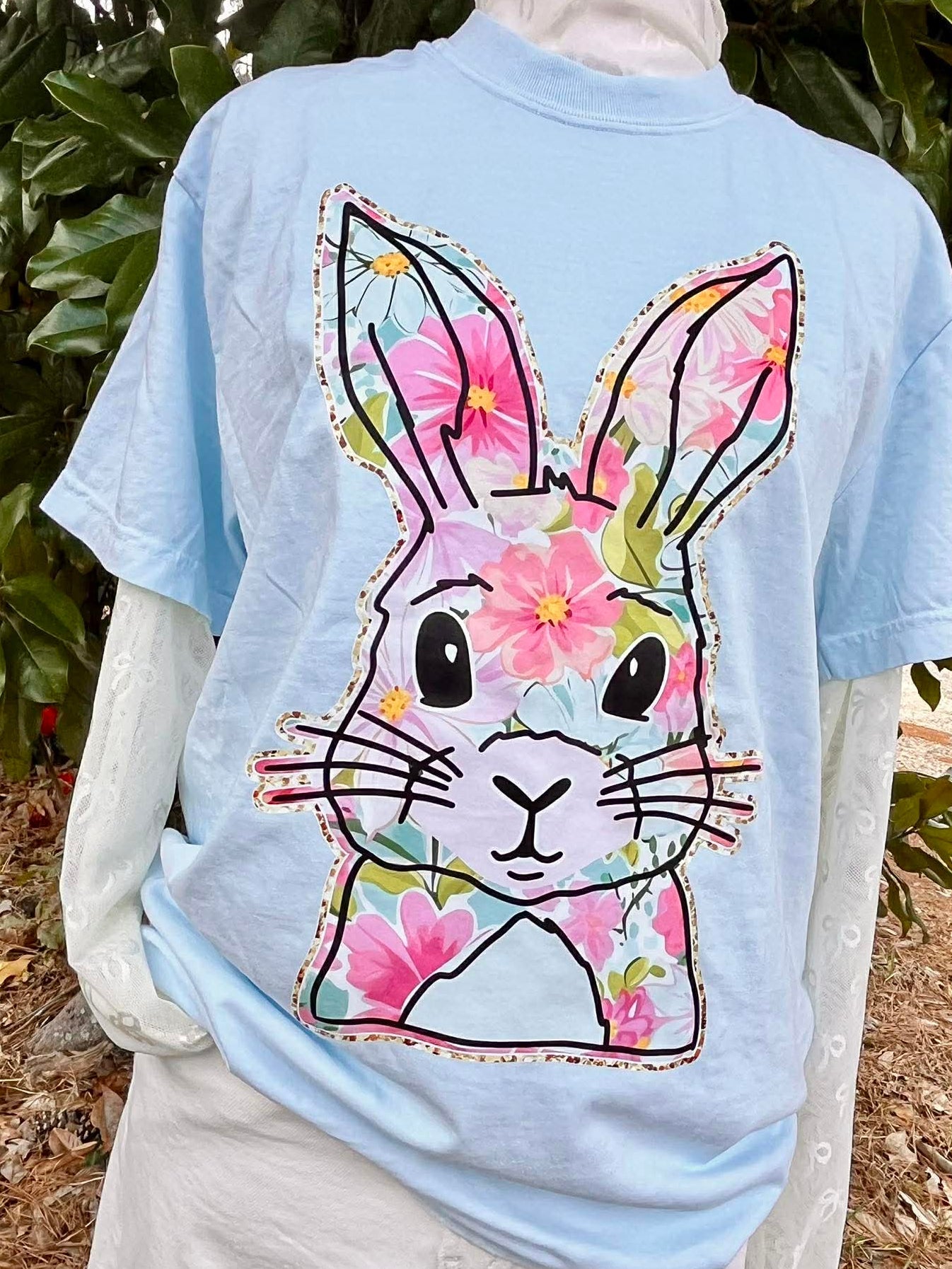 Floral Faux Glitter Outlined Bunny DTF Graphic Top