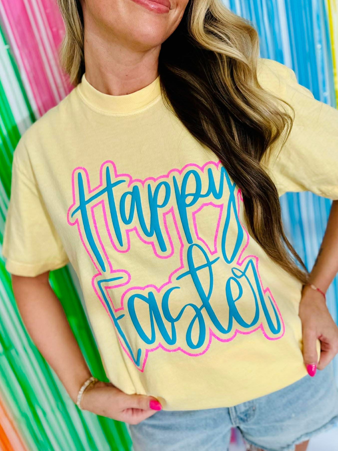 Happy Easter Yellow Puff/Glitter Double Cursive Apparel