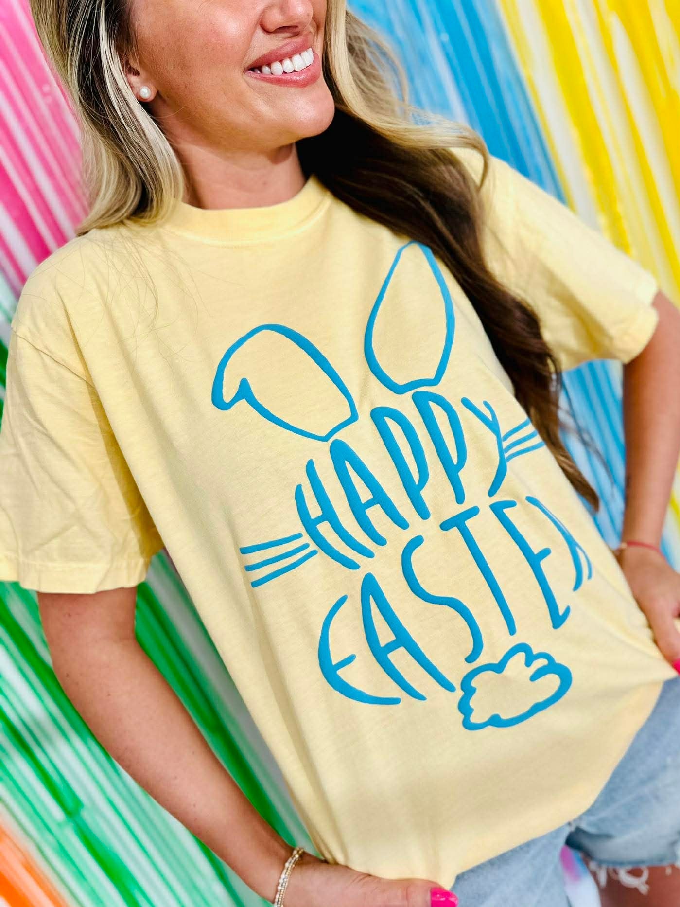 Happy Easter Yellow Tall Bunny Tail Puff Top