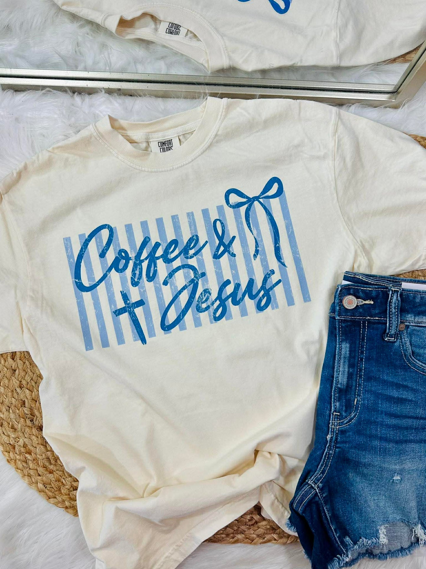 Coffee And Jesus Blue Striped Background DTF Apparel