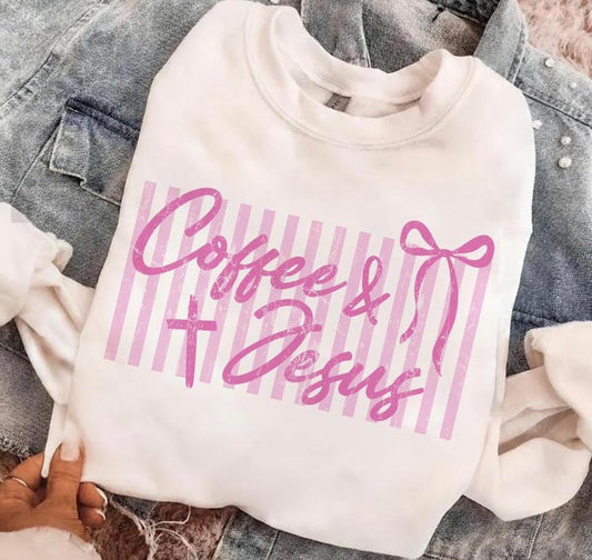 Coffee And Jesus Pink Striped Background DTF Apparel