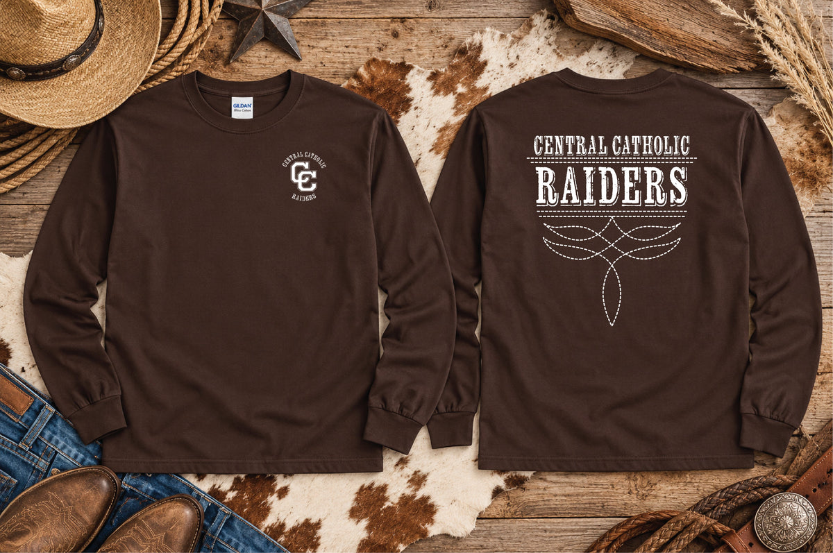 Central Catholic Raiders western long sleeve shirt in Dark Chocolate, front and back