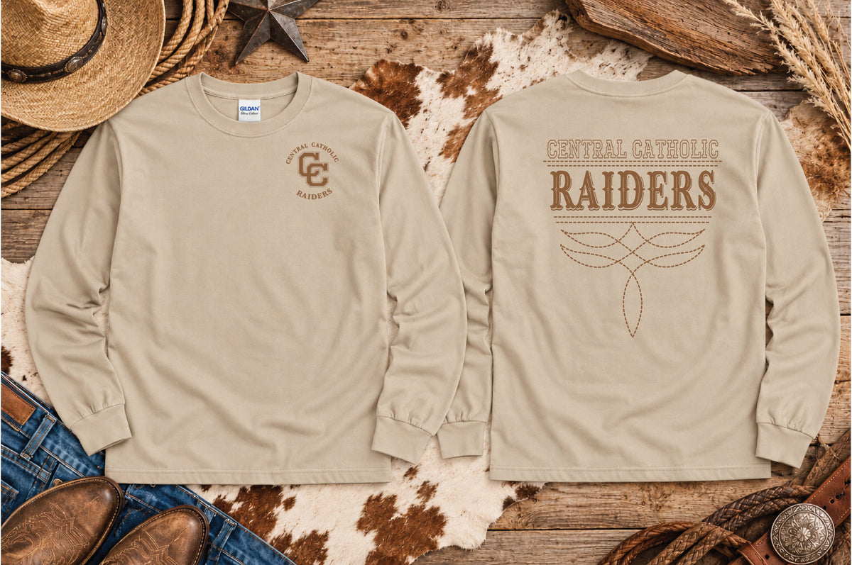 Central Catholic Raiders western long sleeve shirt in Sand, front and back