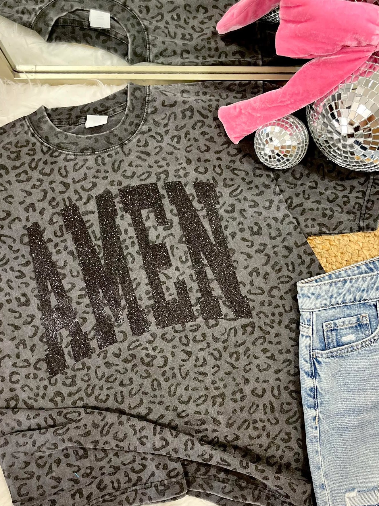 Amen Leopard Black Warped Glitter Vinyl Tee