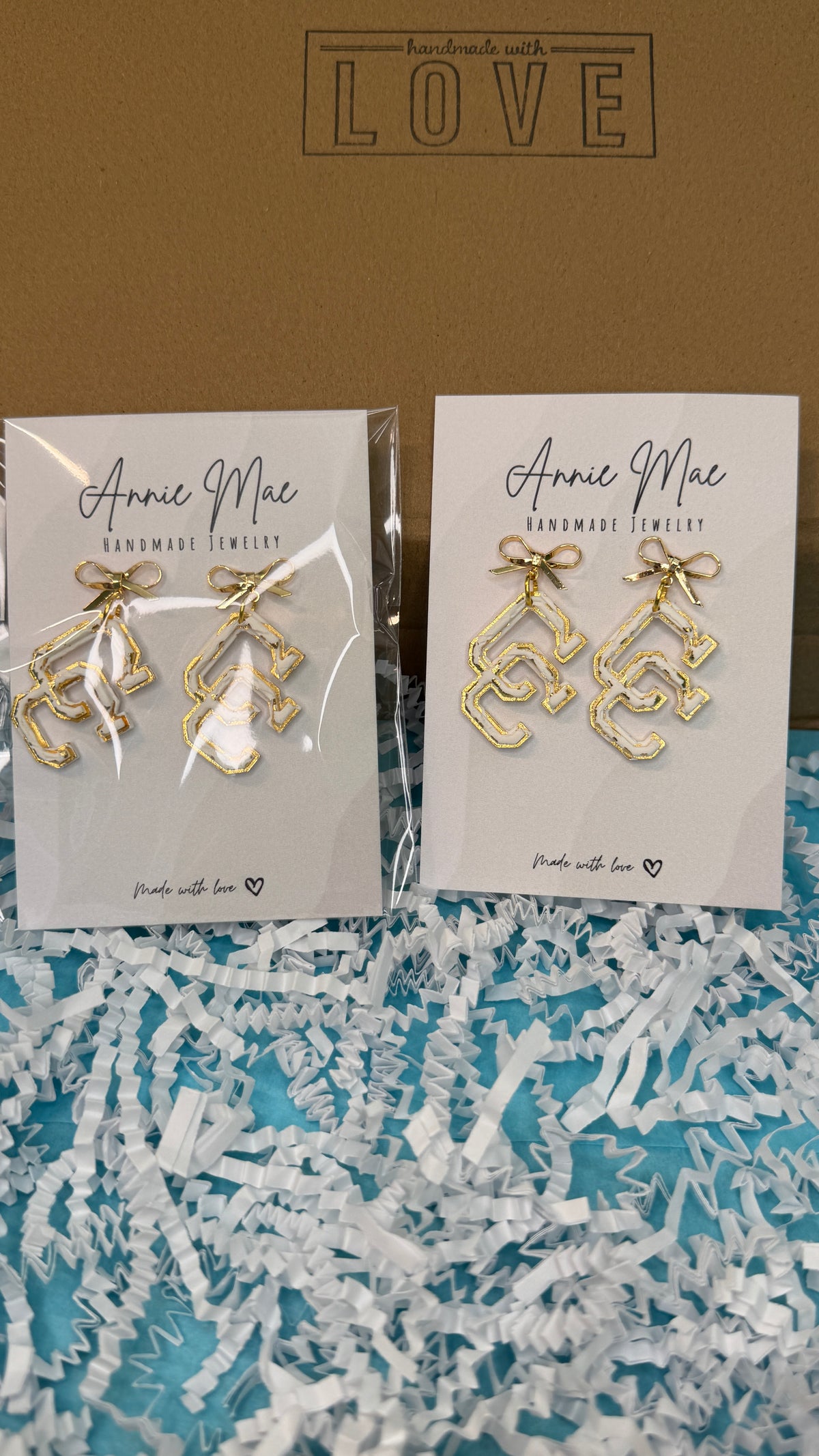 White and Gold CC Dangles with Gold Bow